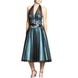 Betsy & Adam Halter Dress Womens 8 Teal Black Tulle Lace Cocktail Prom